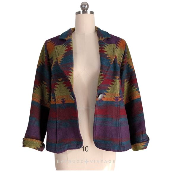 Vintage Southwestern Jacket Blazer 1X Green Purple Mutli West Geometric Concho - Picture 5 of 15
